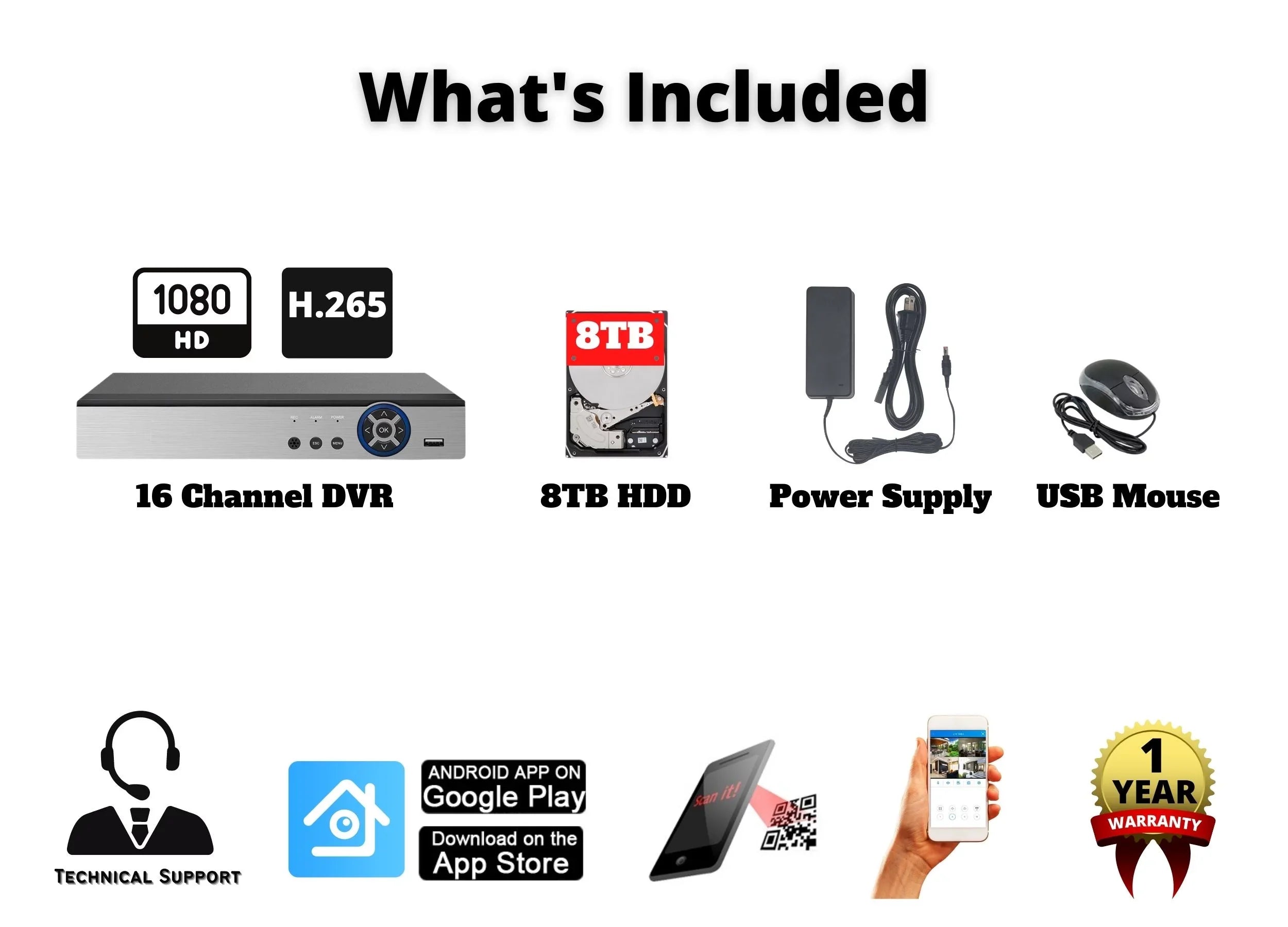 Evertech 16 Channel Hybrid DVR 1080P Security Camera Recorder with 8TB HDD Suitable with AHD TVI CVI Analog Cameras