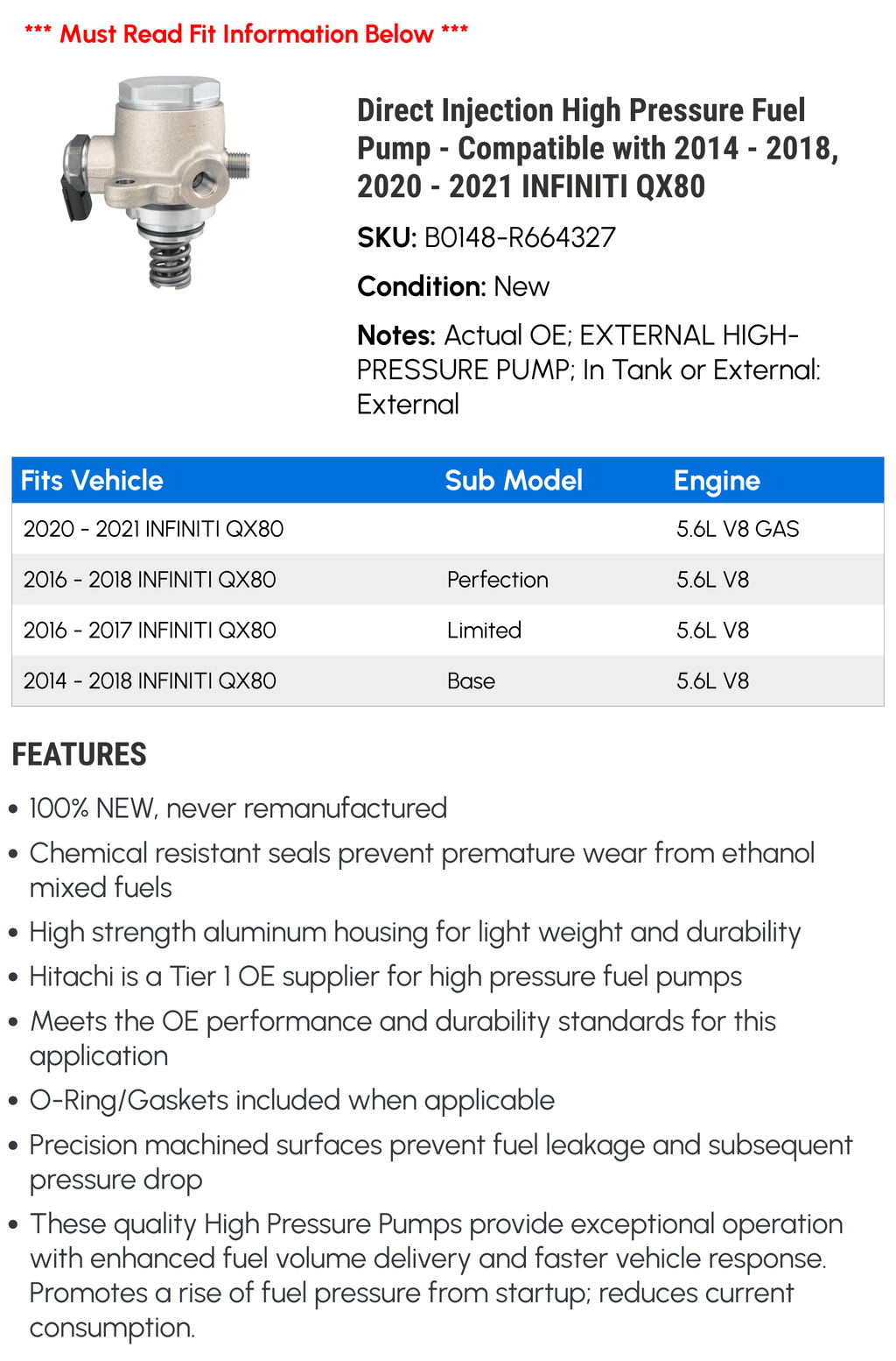 Direct Injection High Pressure Fuel Pump - Matching with 2014 - 2018, 2020 - 2021 INFINITI QX80 2015 2016 2017