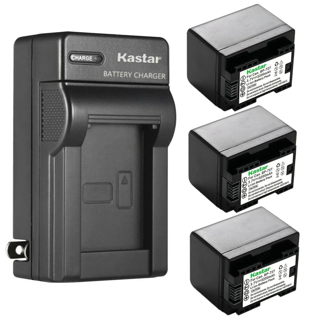 Kastar 3-Pack BP-727 BP727 Battery and AC Wall Charger Fitting with Canon VIXIA HF R500 HFR500, VIXIA HF R600 HFR600, VIXIA HF R700 HFR700, VIXIA HF R800 HFR800, LEGRIA HF M36 HFM36 Cameras