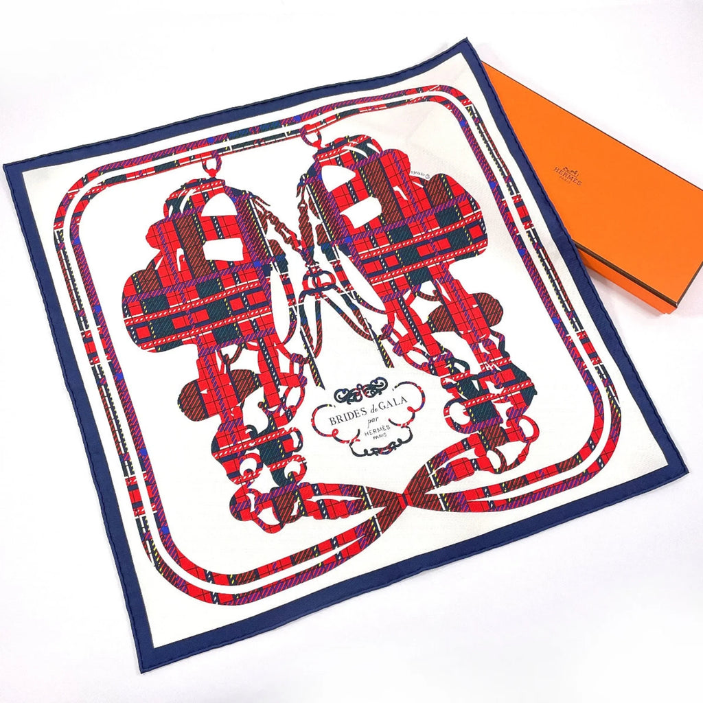 Pre-Owned HERMES Gavroche Carre 45 Brides de Gala Tartan Scarf Muffler Silk White Women's N3123233 (Good)