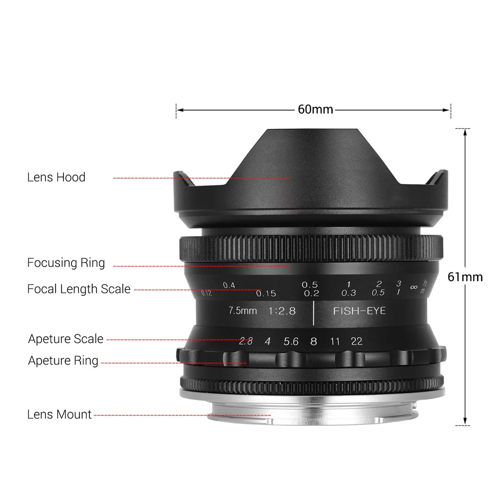Andoer Camera lens,7.5mm F2.8 Manual Wide Aperture E-mount Lens 180° Wide Aps-c FrameLens Suitable With F2.8 Manual Fisheye Aperture E-mount Lens A6300 A6000 5100 Camera A6600 A6100 Ainn