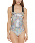 DKNY SILVER Metallic Crisscross One-Piece Swimsuit, US Medium