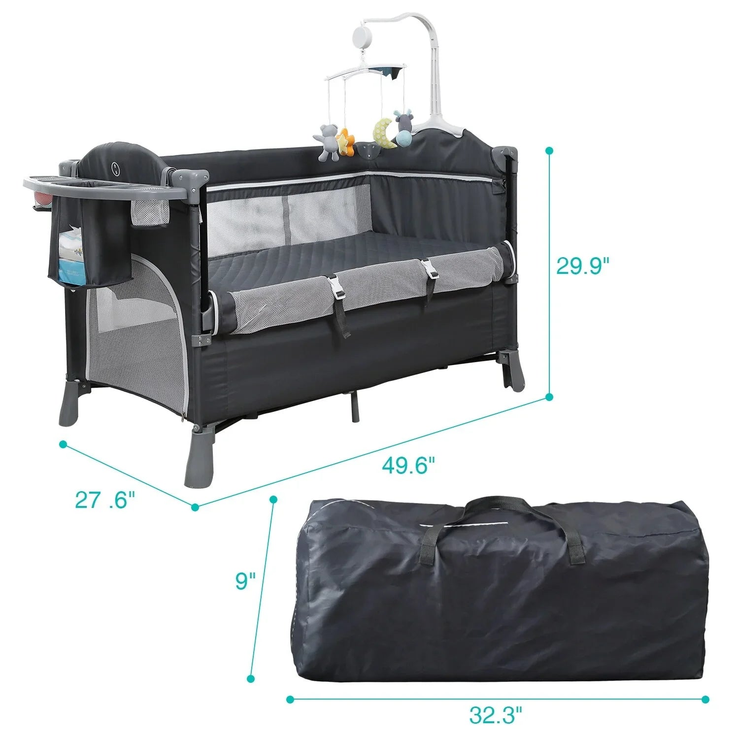 BENTON TECHNOLOGY Kerrogee 5-In-1 Convertible Bed Side Crib Playpen Playard, Portable Infant Bassinet - 27.6"W x 49.6"L x 29.9"H