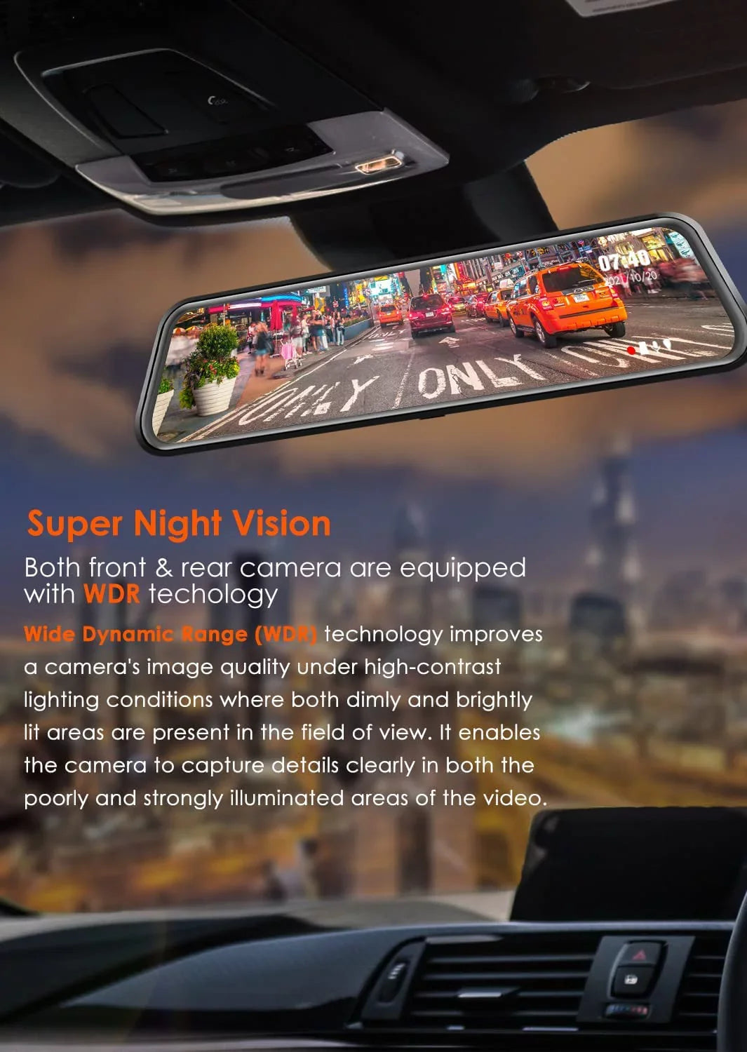 WOLFBOX Rear View Mirror Camera, 2.5K Front and 1080P Rear Camera, 12'' Mirror Dash Cam with Night Vision, Built-in Wi-Fi GPS, Parking Monitor, Free 32GB Card