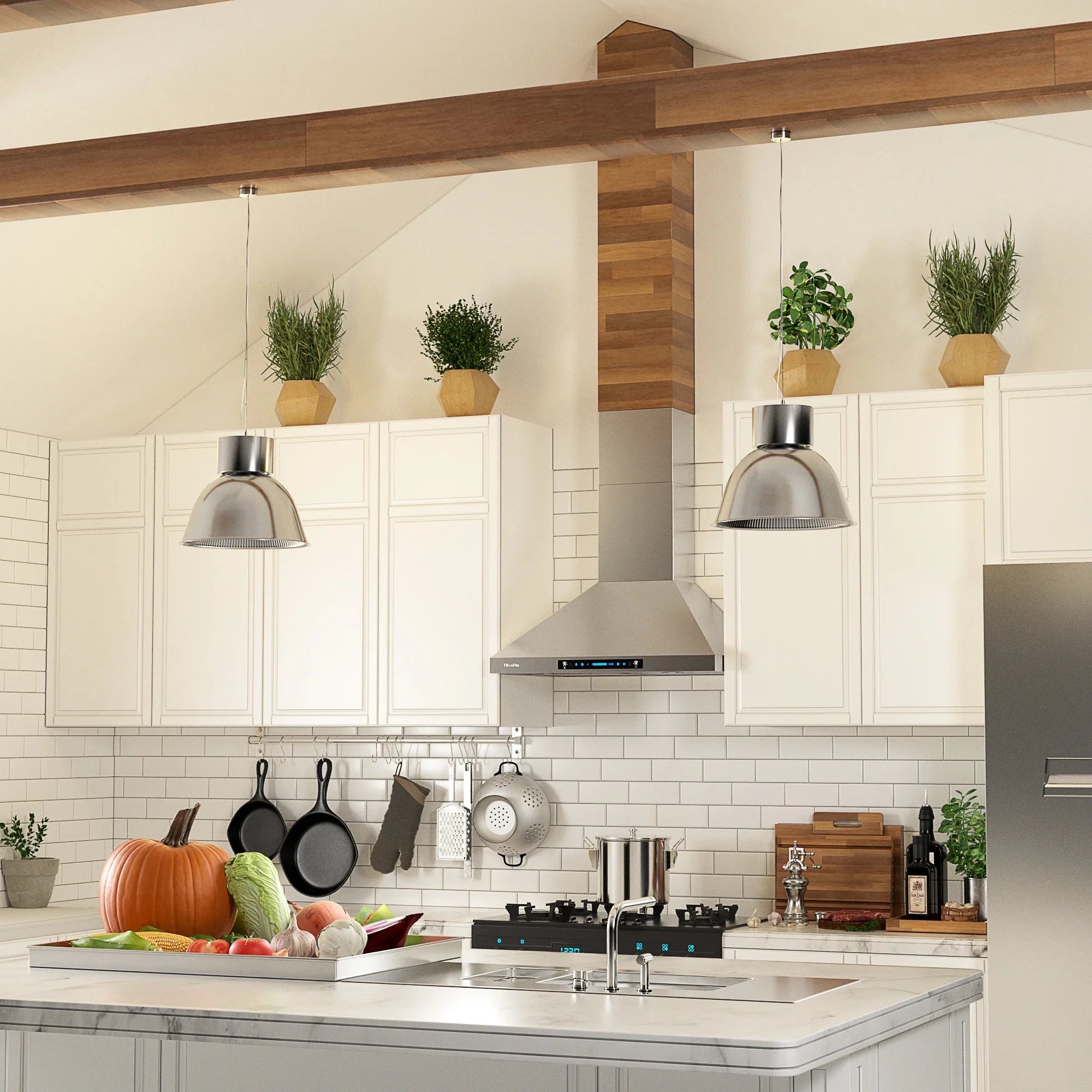 HisoHu Wall Mount Kitchen Hood Range Hoods with Ducted/Ductless Convertible Duct, 36 Inch 780 CFM Stainless Steel Vent Hood, 4 Speed Gesture Sensing Exhaust Hood with Dimmable LED lights(A02-36")