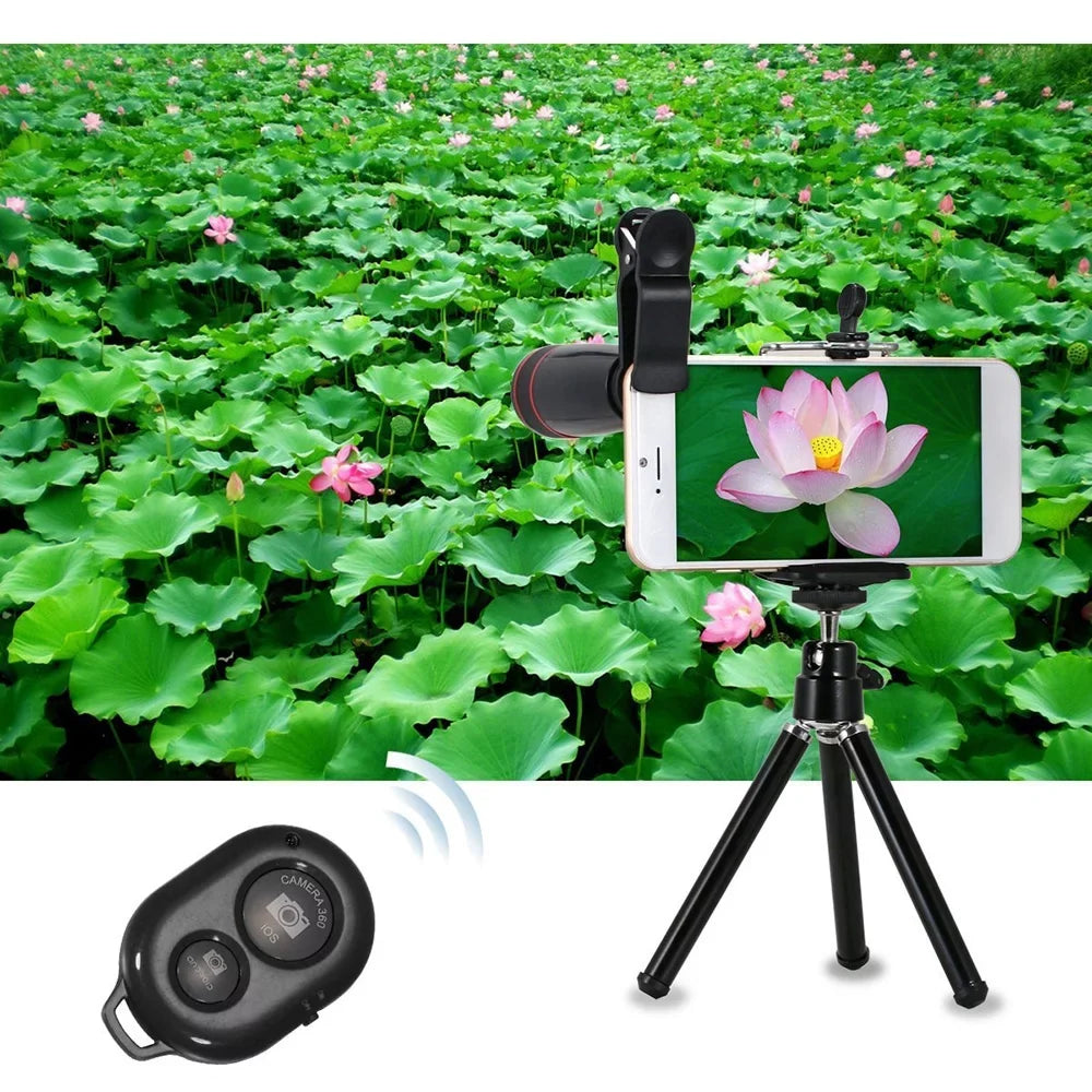 10PCS 8X Telephoto Mobile Phone Lens Universal Detachable Clip-on Lens Wide Angle + Fish Eye + Macro Lens + Selfie Stick + Tripod