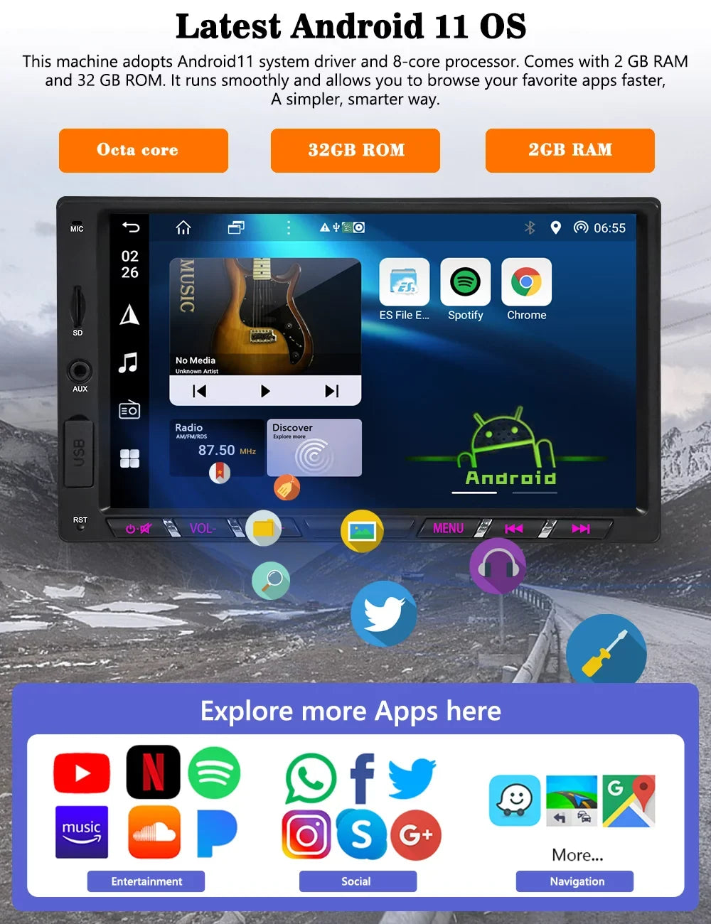 Android 11 Car Stereo with Wireless Apple Carplay Double Din Android Auto Car Radio 7 Inch IPS G+G Touch Screen Bluetooth WiFi GPS Navigation Mirrorlink DSP Octa Core Backup Camera