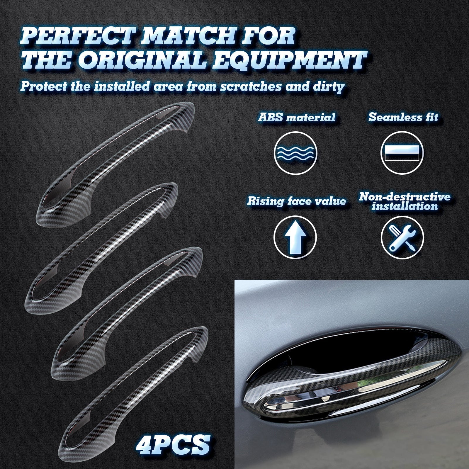 Xotic Tech 1 Set (4 pieces) Exterior Door Handle Surround Wrap trims, Carbon Fiber Style, Matching with BMW 5 Series G30 2018-up