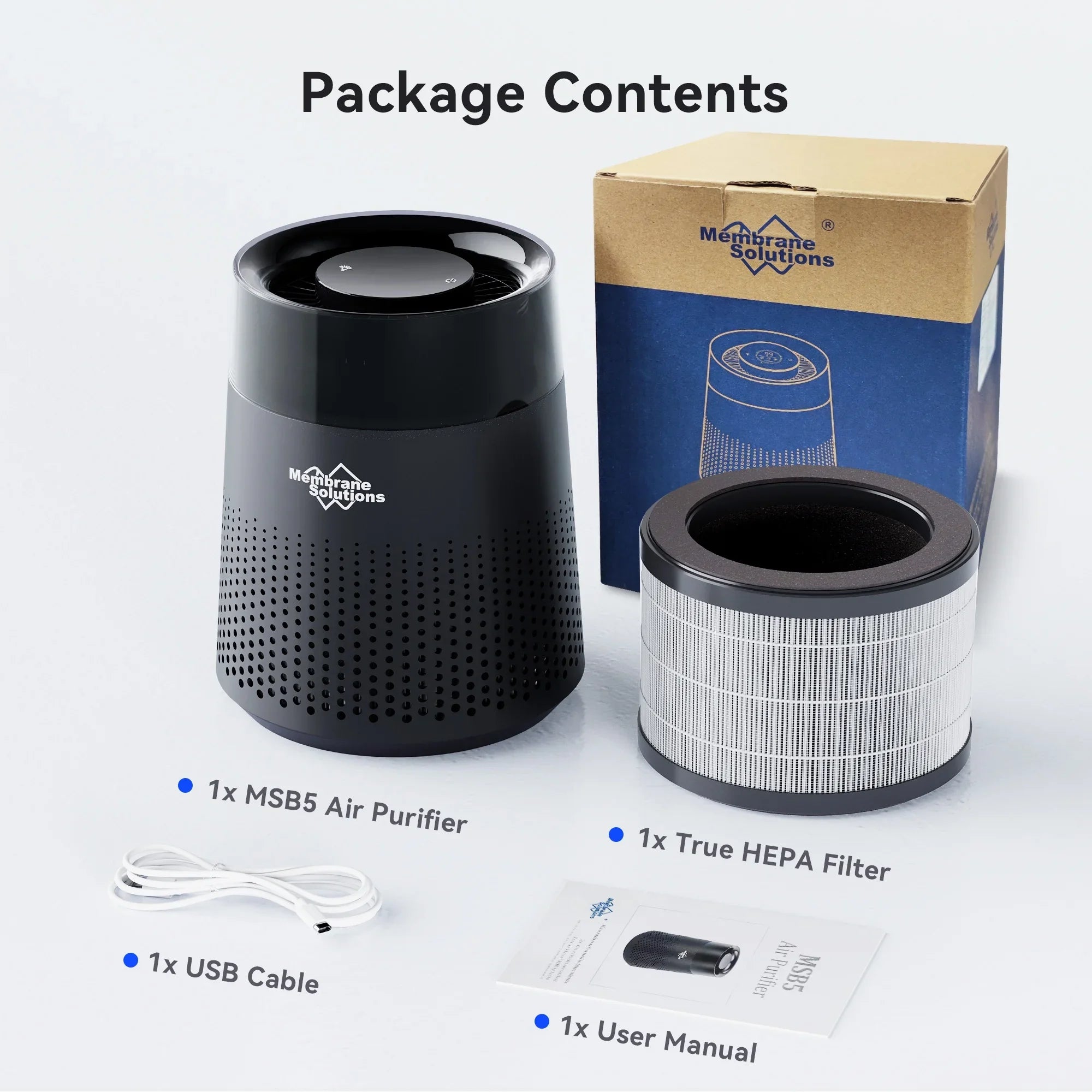 Membrane Solutions MSB5 Air Purifier for Allergies and Asthma, H13 True HEPA Filter, LED Light, Black