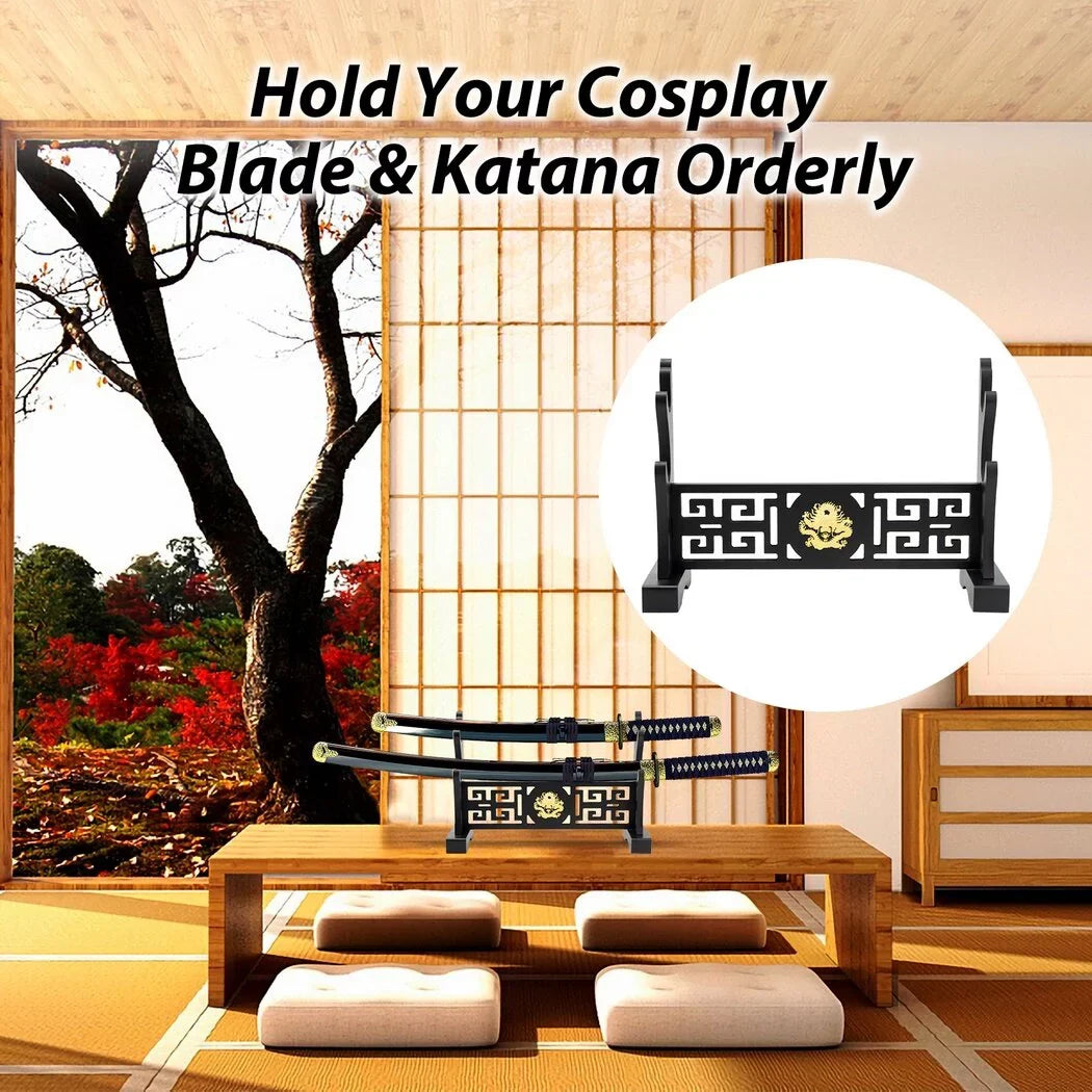 Sword Blade Stand, 2-Tier Katana Holder, Samurai Cosplay Long Blade Stand Organizer, Hollow Out Dragon Pattern Design, Portable Sword Rack Shelf