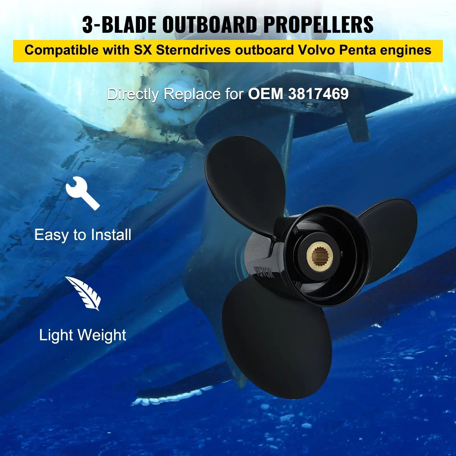 VEVOR Outboard Propeller, 3-Blade 14 1/4 x 21" Craft Propeller, Replace for OEM 3817469, Matching SX Sterndrives Outboard Volvo Penta Engine, Right-handed Aluminium Propeller & 19 Spline Teeth