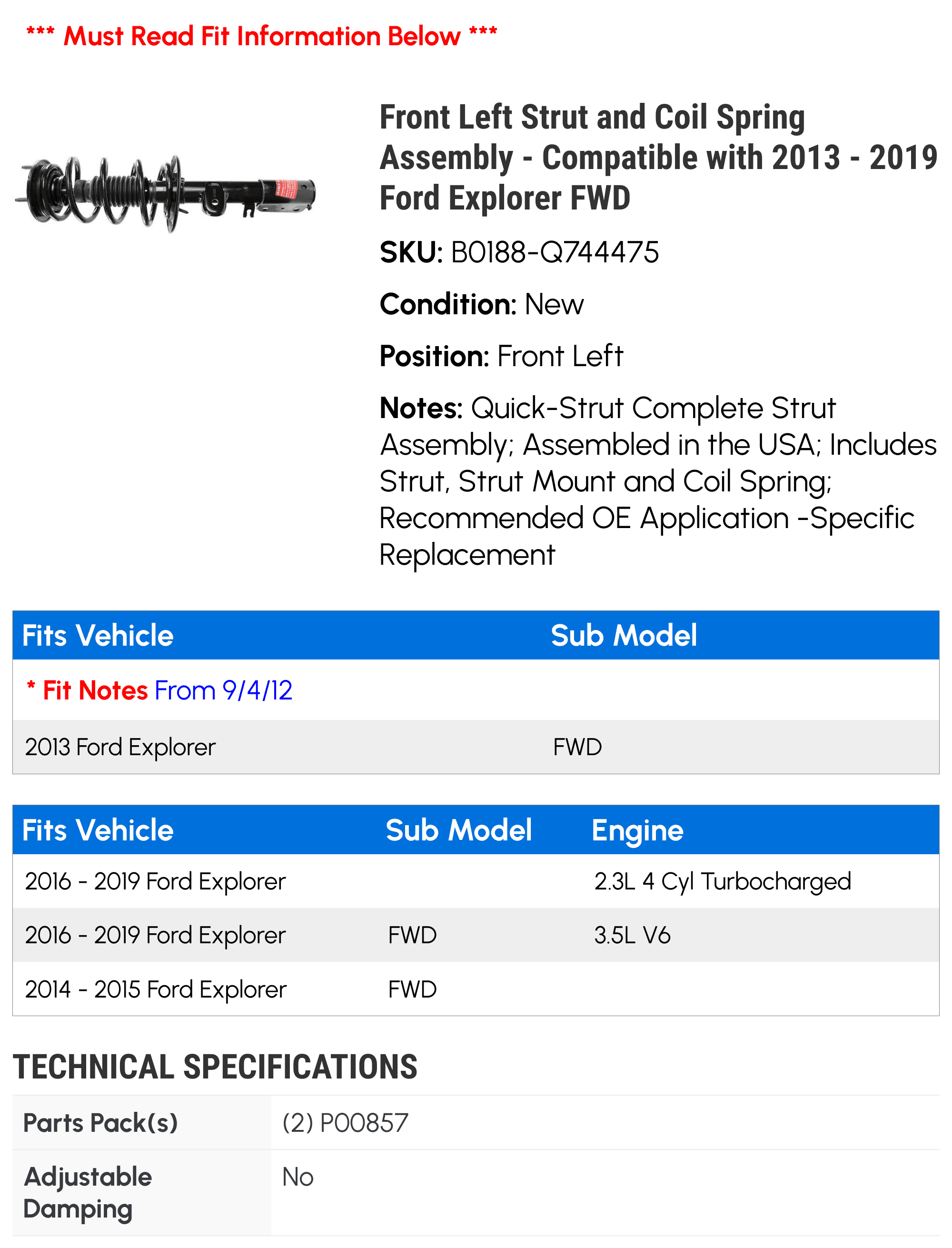 Front Left Strut and Coil Spring Assembly - Matching with 2013 - 2019 Ford Explorer FWD 2014 2015 2016 2017 2018