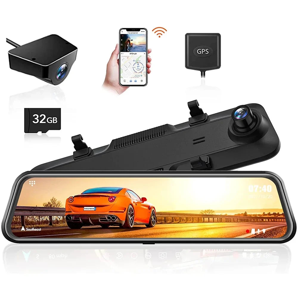 WOLFBOX Rear View Mirror Camera, 2.5K Front and 1080P Rear Camera, 12'' Mirror Dash Cam with Night Vision, Built-in Wi-Fi GPS, Parking Monitor, Free 32GB Card