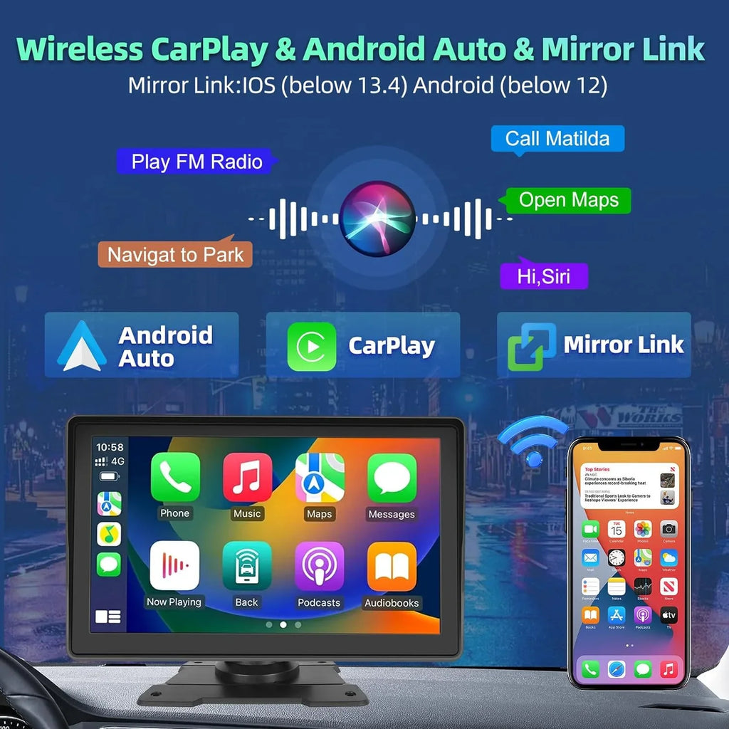 Podofo 12-30V 7" Portable Touch Screen Car Stereo Radio Wireless Carplay Android Auto Mirror Link FM Bluetooth TF/USB for Car Suv Van Pickup, with Backup Camera