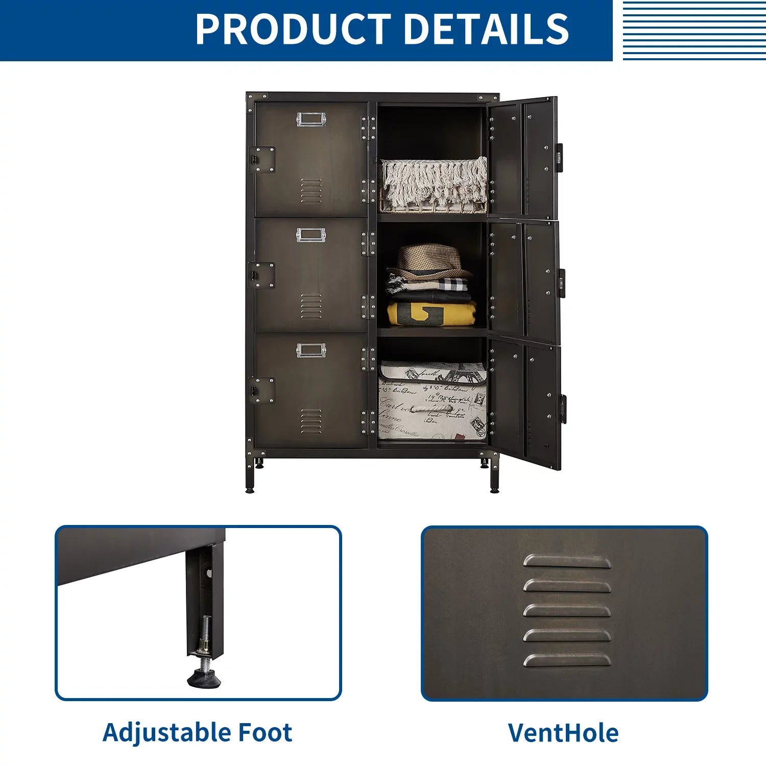 STANI Metal Locker 47.3" Steel Storage Cabinet with 2 Shelf ,Office School Gym Bedroom Metal Storage Locker Cabinets for Employees Students Steel Locker