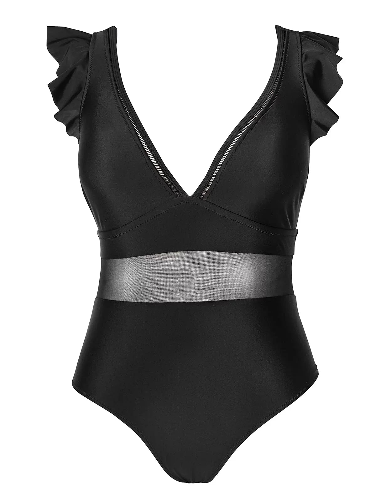 Cupshe Women's Plus Size One Piece Black V Neck Ruffle Mesh Bathing Suit, XXXXL
