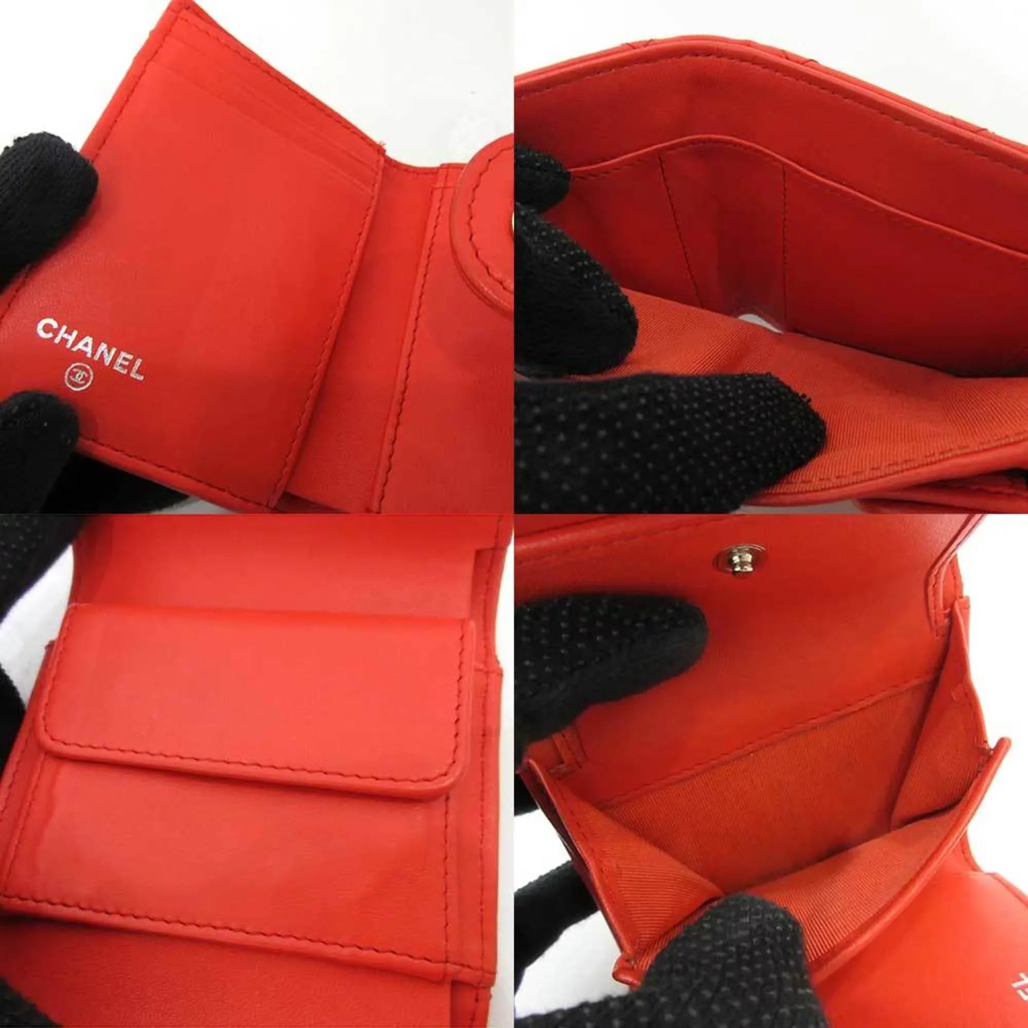 Pre-Owned Chanel Wallet Small Orange Red Series Silver Metal Fittings Mini Trifold Matelasse Women's Lambskin CHANEL (Good)