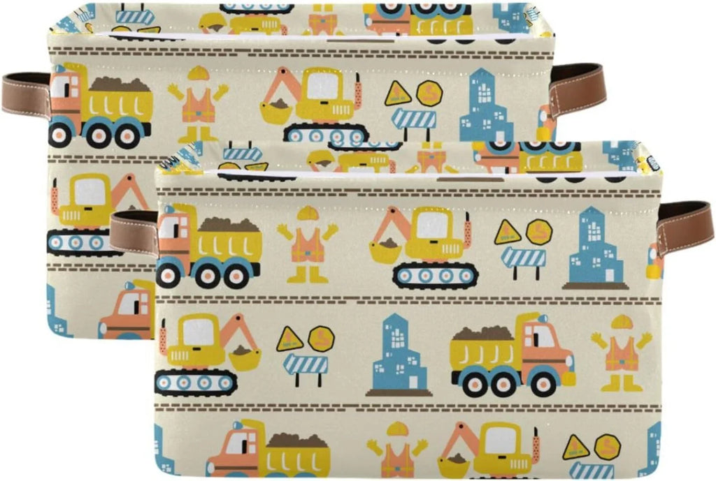 Coolnut Cartoon Construction Truck Storage Basket, Long-lasting Canvas Organizer With Handles Large Collapsible Storage Bins Boxes for Home Office - 2 Pack