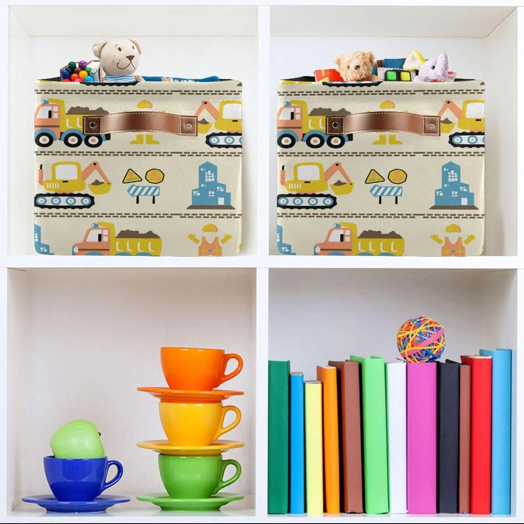 Coolnut Cartoon Construction Truck Storage Basket, Long-lasting Canvas Organizer With Handles Large Collapsible Storage Bins Boxes for Home Office - 2 Pack