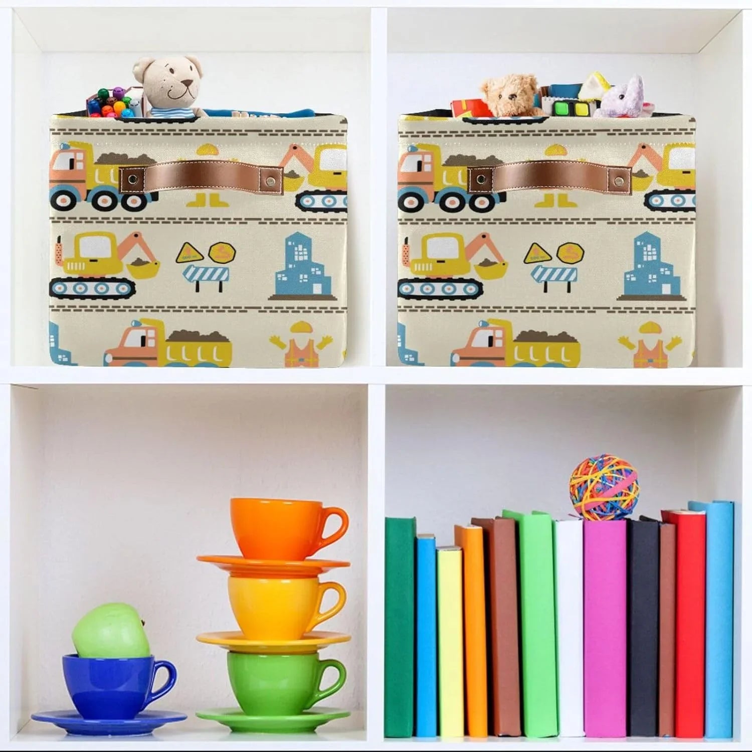 Coolnut Cartoon Construction Truck Storage Basket, Long-lasting Canvas Organizer With Handles Large Collapsible Storage Bins Boxes for Home Office - 2 Pack
