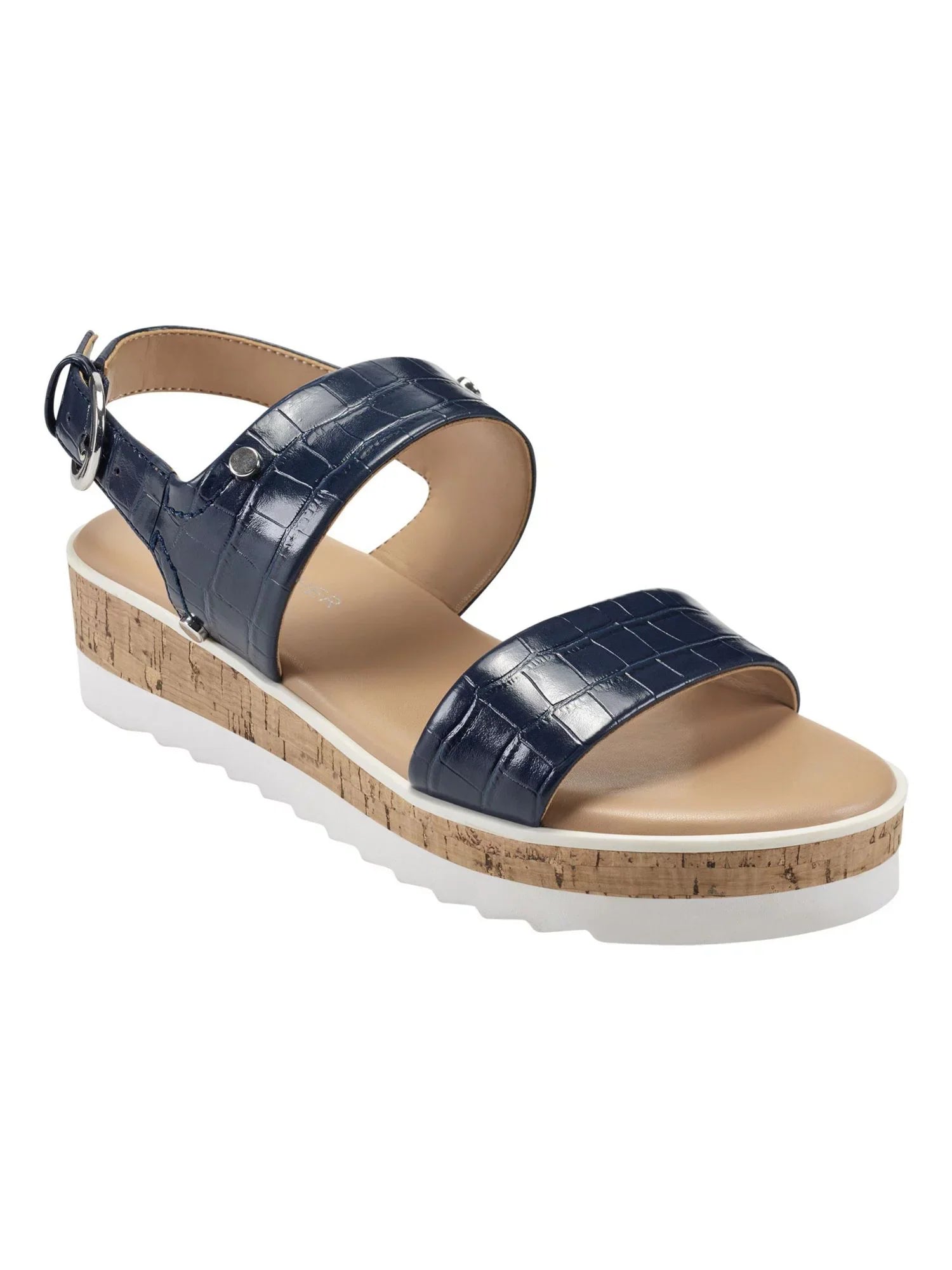 MARC FISHER Womens Blue Mixed Media Demi 1" Platform Gordy Almond Toe Wedge Latch Sandals Shoes 8.5 M