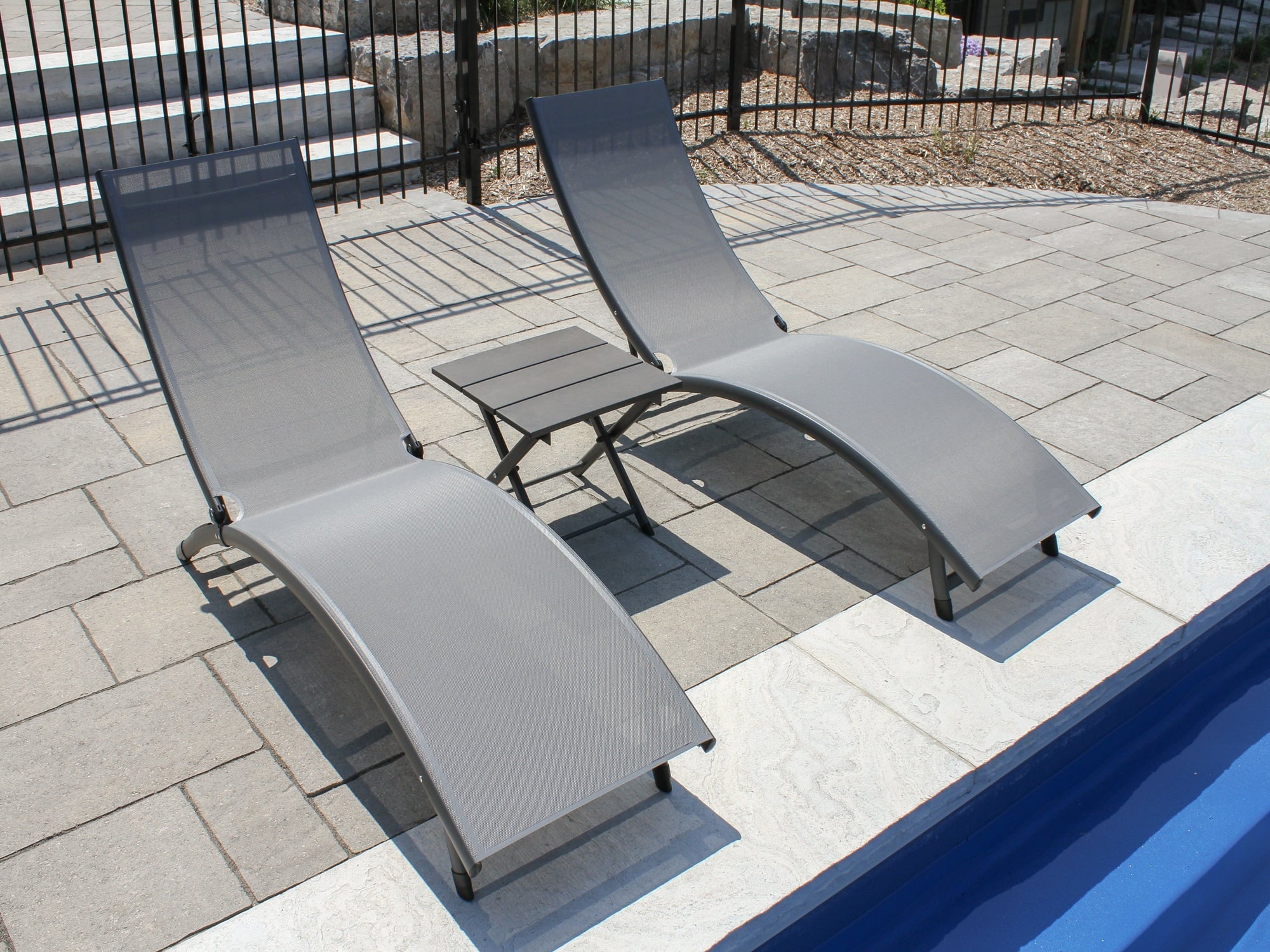The Hamptons Collection 3 Piece Black Aluminium Folding Table and Reclining Chairs Set 69”