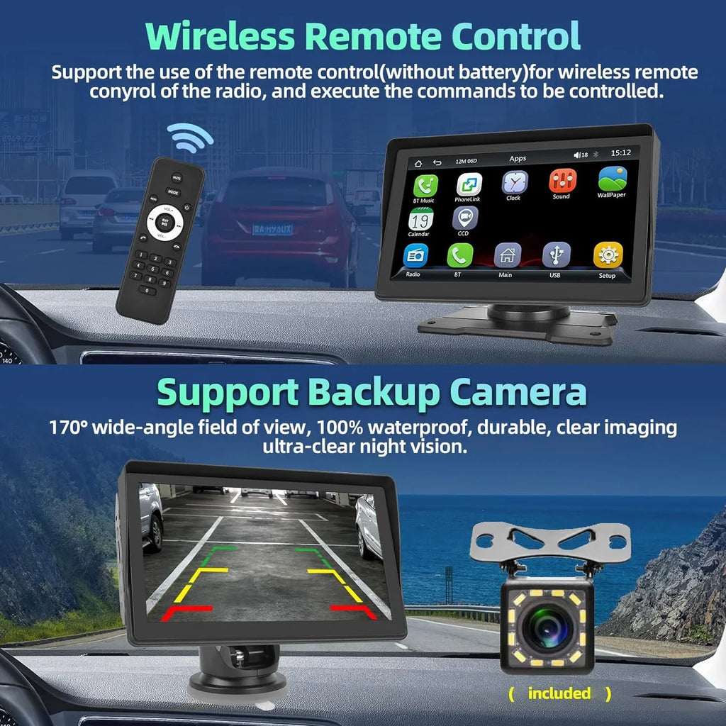 Podofo 12-30V 7" Portable Touch Screen Car Stereo Radio Wireless Carplay Android Auto Mirror Link FM Bluetooth TF/USB for Car Suv Van Pickup, with Backup Camera