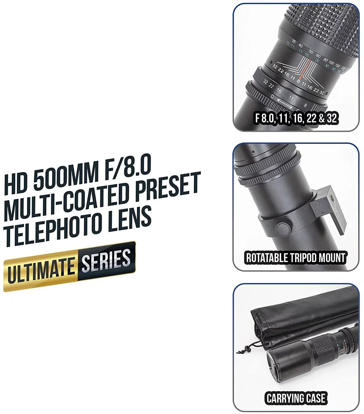 Ultimaxx 500mm f/8 Multi-Coated Preset Telephoto Lens Includes T-Mount Adapter for Canon EF Mount & Microfiber Cleaning Cloth - Suitable with SLR/DSLR Cameras