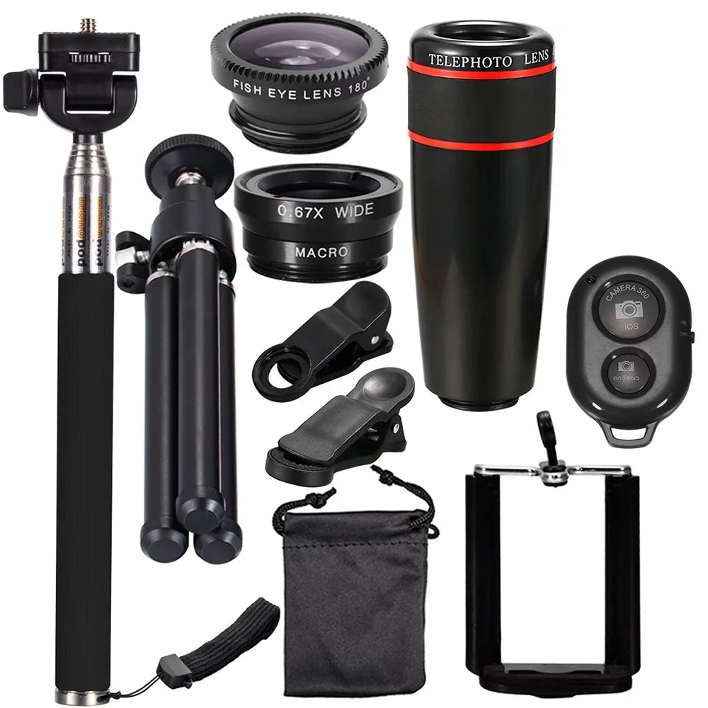 10PCS 8X Telephoto Mobile Phone Lens Universal Detachable Clip-on Lens Wide Angle + Fish Eye + Macro Lens + Selfie Stick + Tripod