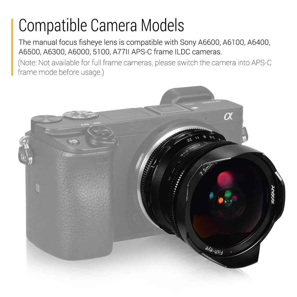 Andoer Andoer 7.5mm F2.8 Manual Focus Fisheye Lens 180° Ultra Wide Angle Large Aperture E-Mount Lens Matching with APS-C Frame Camera A6600 A6100 A6400 A6500 A6300 A6000 5100 A77II