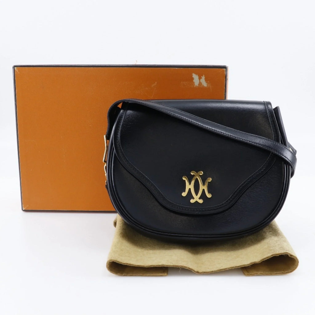 Pre-Owned Hermes HERMES Double H Shoulder Bag Vintage Calf Made in France 1983 Black/Gold Hardware 〇M Crossbody Snap Button Ladies (Fair)