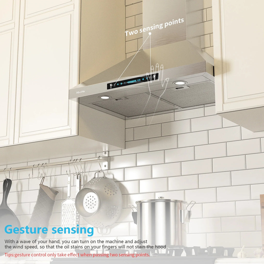 HisoHu Wall Mount Kitchen Hood Range Hoods with Ducted/Ductless Convertible Duct, 36 Inch 780 CFM Stainless Steel Vent Hood, 4 Speed Gesture Sensing Exhaust Hood with Dimmable LED lights(A02-36")