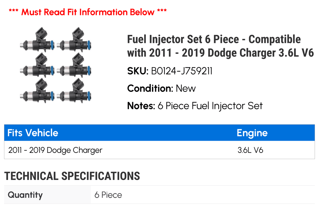 Fuel Injector Set 6 Piece - Fitting with 2011 - 2019 Dodge Charger 3.6L V6 2012 2013 2014 2015 2016 2017 2018