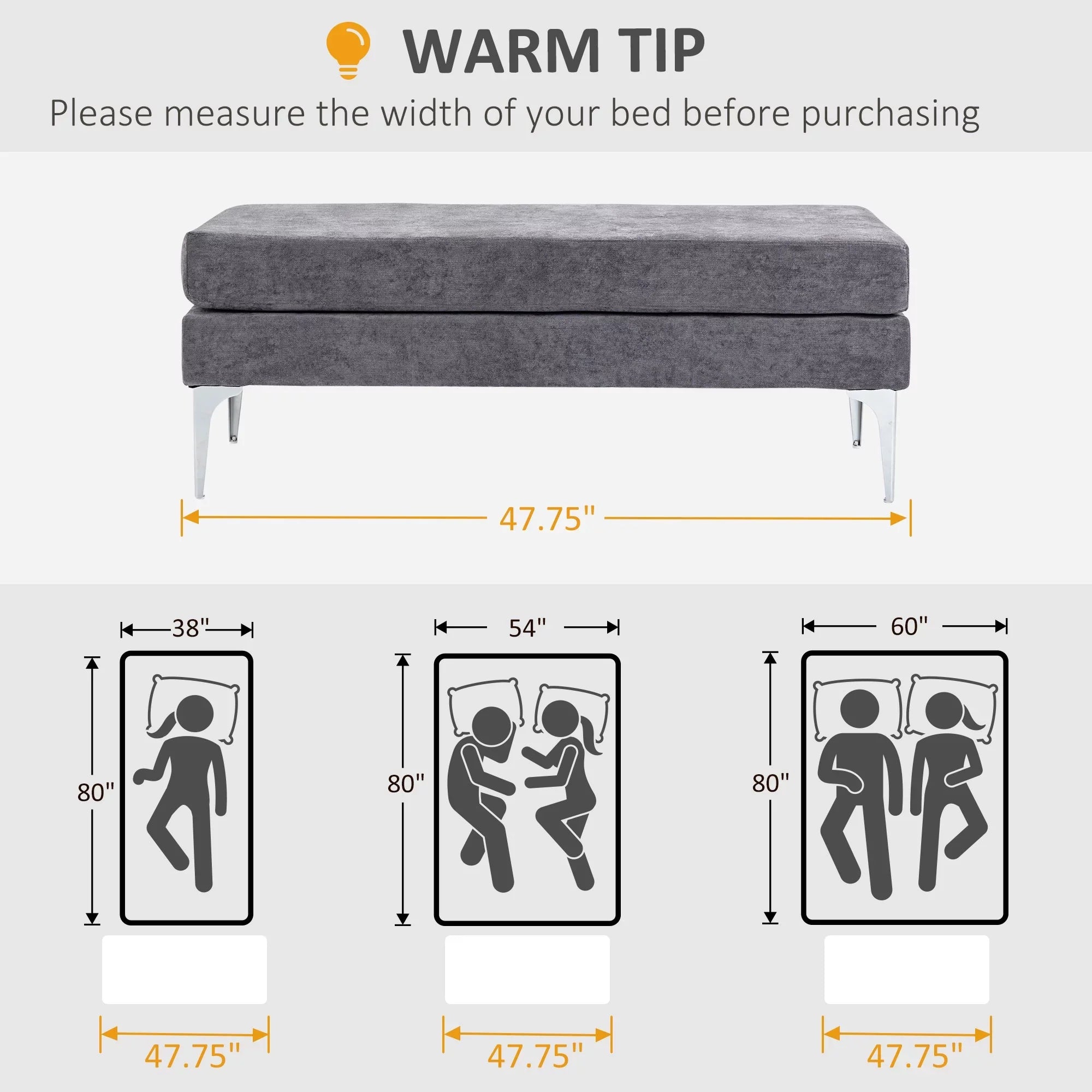 HOMCOM 48" End of Bed Bench with Steel Legs, Dark Gray