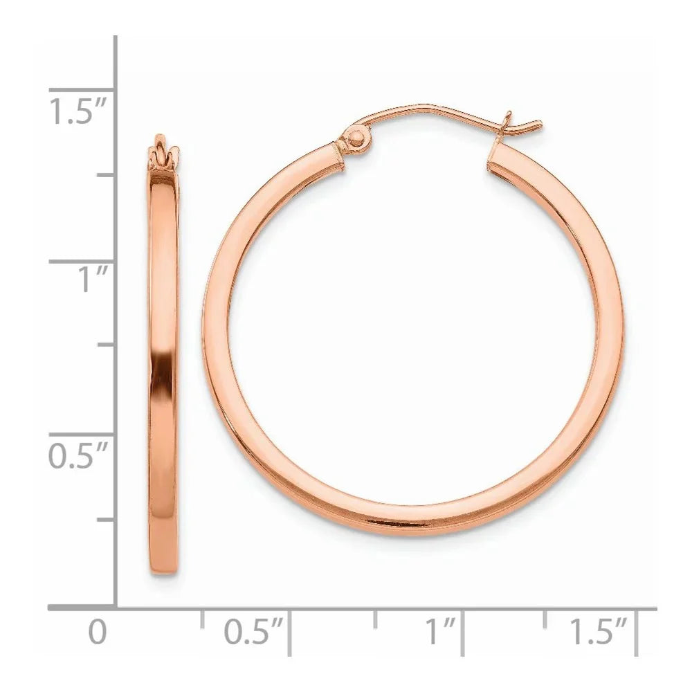 Real 14kt Rose Gold Lightweight Princess Square Tube Hoop Earrings; for Adults and Teens; for Women and Men