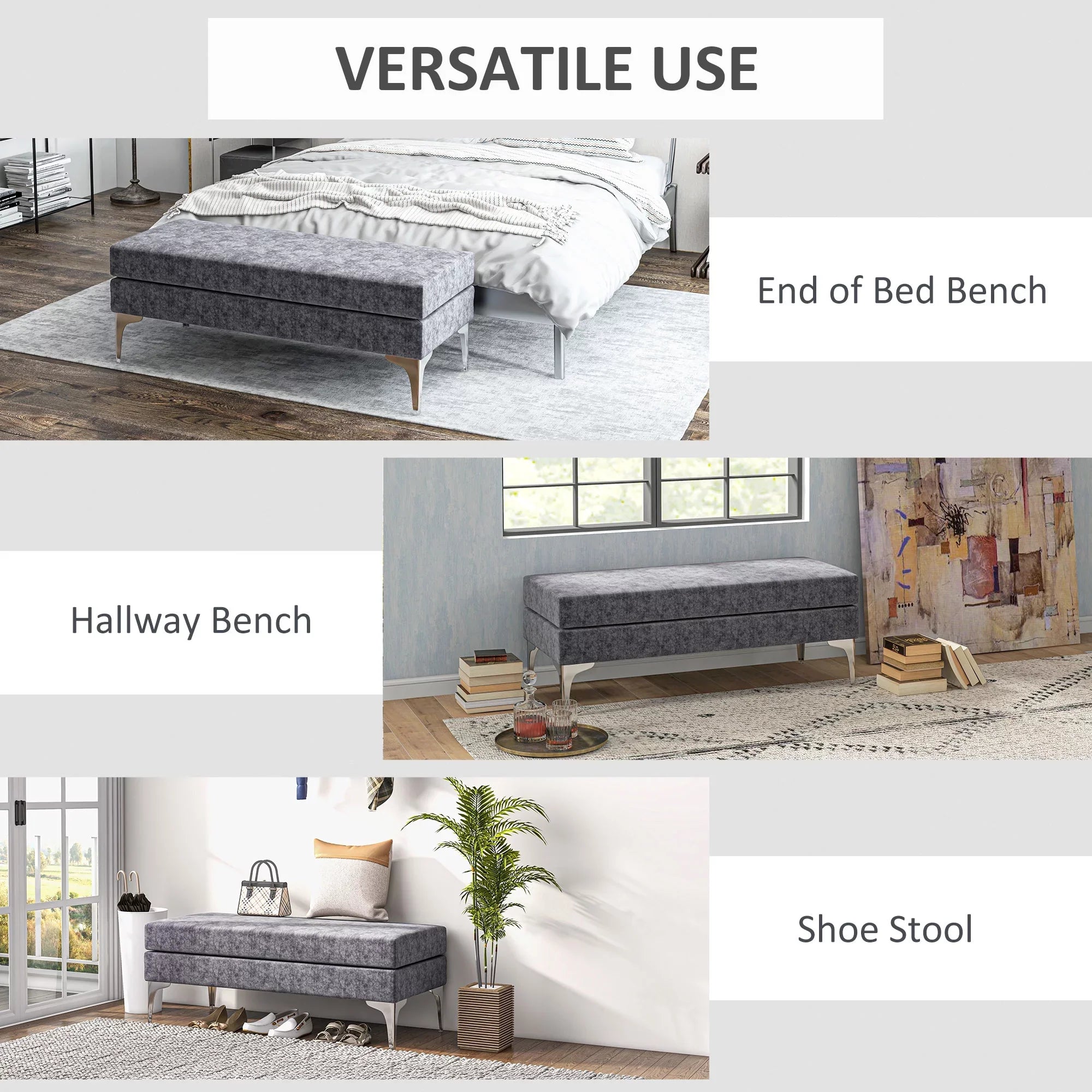 HOMCOM 48" End of Bed Bench with Steel Legs, Dark Gray