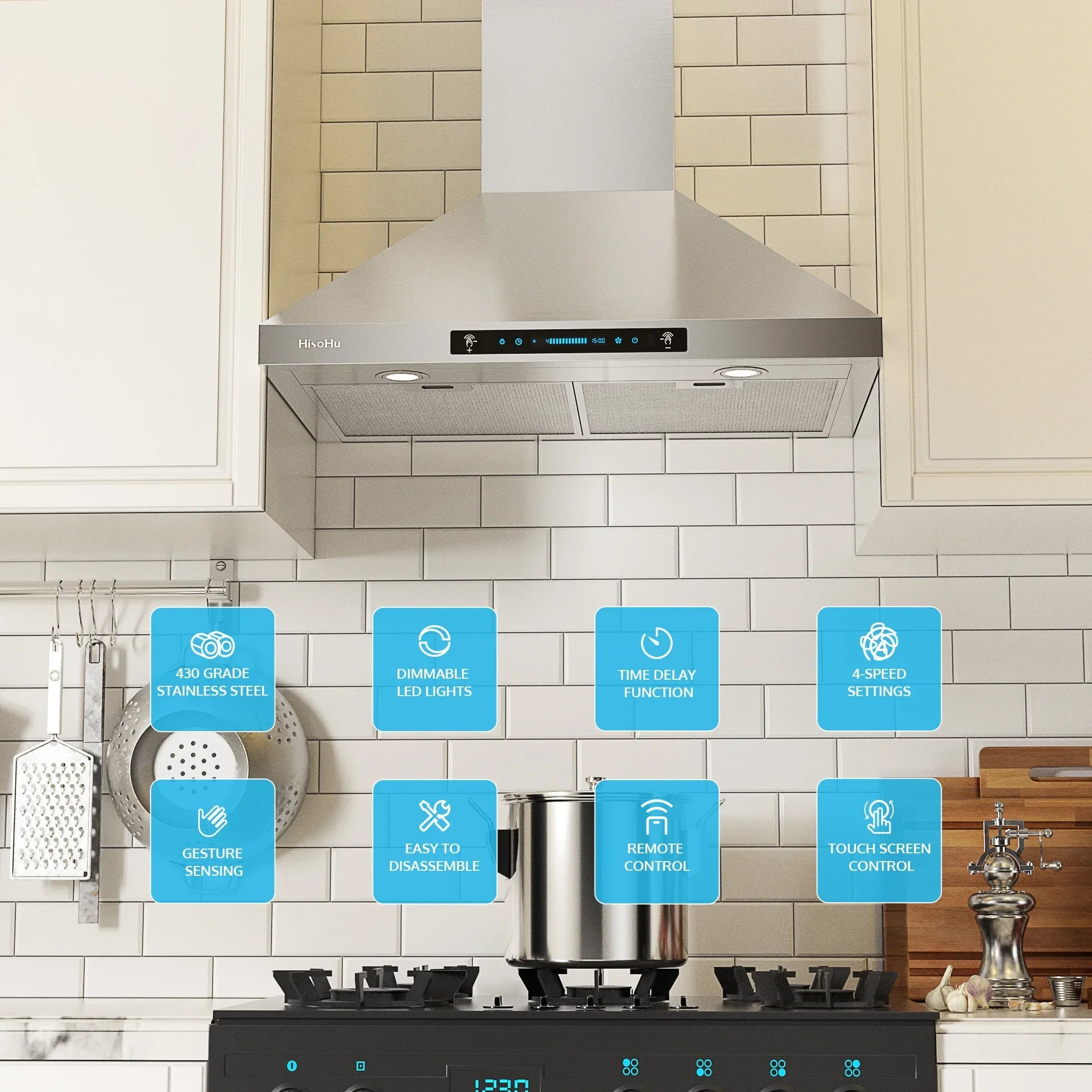 HisoHu Wall Mount Kitchen Hood Range Hoods with Ducted/Ductless Convertible Duct, 36 Inch 780 CFM Stainless Steel Vent Hood, 4 Speed Gesture Sensing Exhaust Hood with Dimmable LED lights(A02-36")