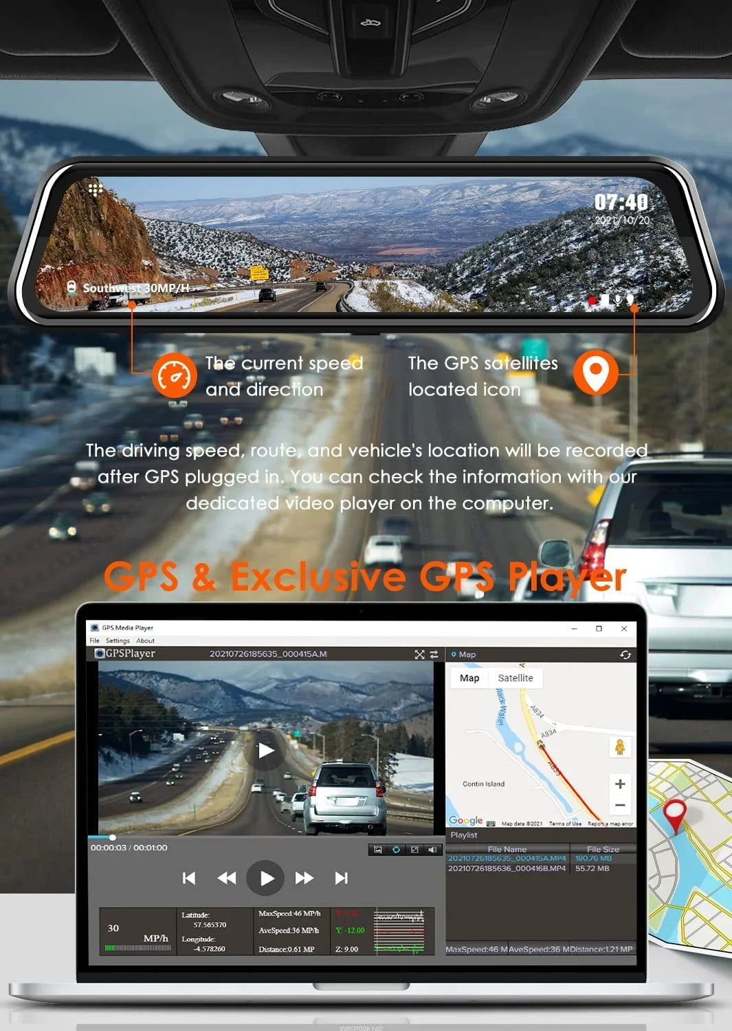WOLFBOX Rear View Mirror Camera, 2.5K Front and 1080P Rear Camera, 12'' Mirror Dash Cam with Night Vision, Built-in Wi-Fi GPS, Parking Monitor, Free 32GB Card