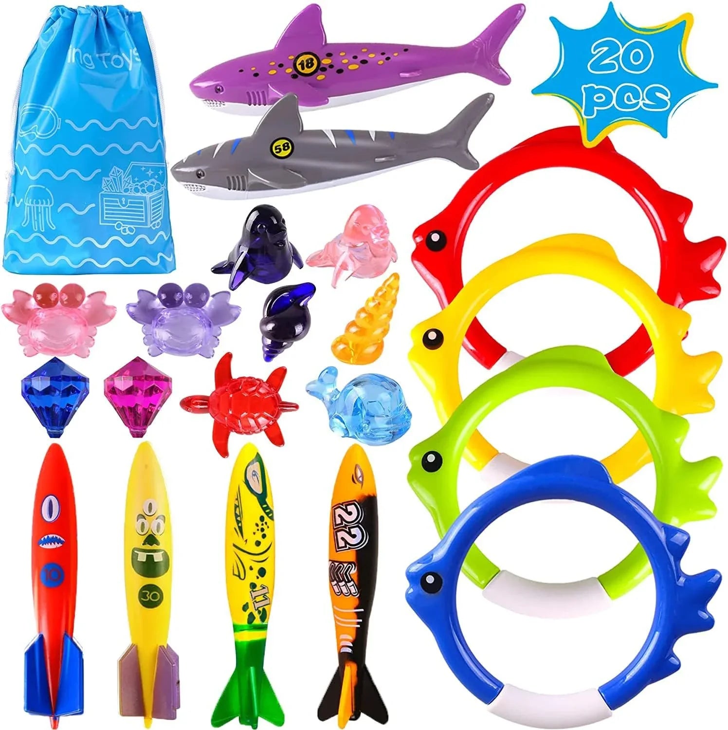 Playoza Summer Pool Diving Swimming Toys for Kids,Fun Swim Games Set, Underwater Dive Gifts with Storage Bag,20 Pack Swimming Pool Toys Swim Learning & Diving Skill Development for Boys Girls