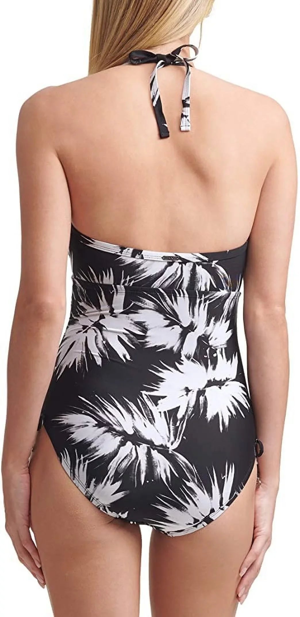 DKNY Womens Printed Adjustable Side Halter One-Piece Swimsuit, Black/White, 18