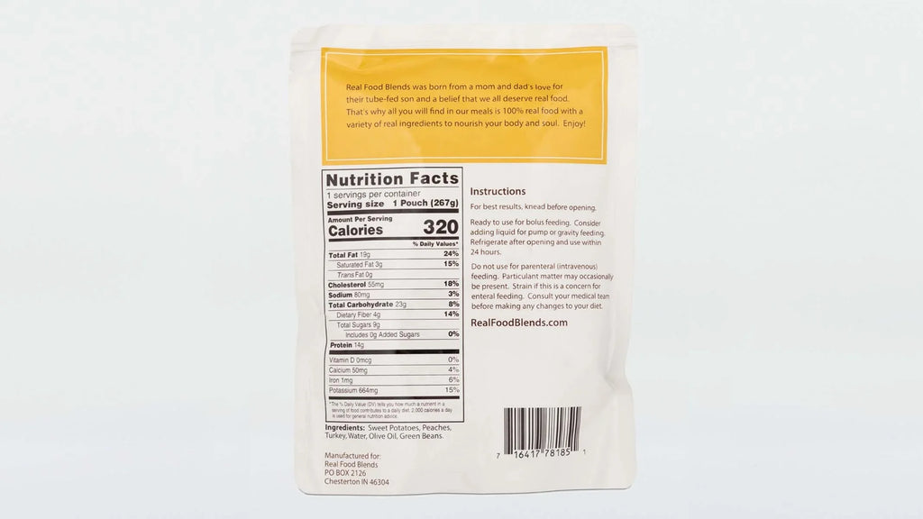 Real Food Blends - Turkey, Sweet Potatoes & Peaches - Meals for Tube Fed People - 9.4 Oz Pouch (Pack of 12)
