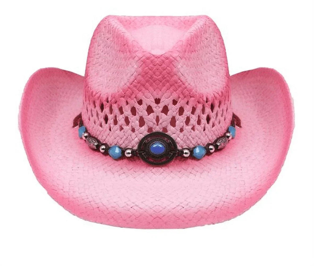 PINK Tea Stain Straw COWBOY HAT w/ Turquoise Blue Beads WOMEN WESTERN Cowgirl Adult size