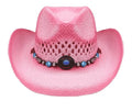 PINK Tea Stain Straw COWBOY HAT w/ Turquoise Blue Beads WOMEN WESTERN Cowgirl Adult size