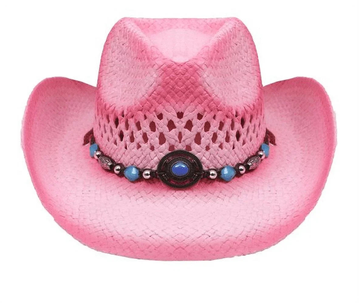 PINK Tea Stain Straw COWBOY HAT w/ Turquoise Blue Beads WOMEN WESTERN Cowgirl Adult size