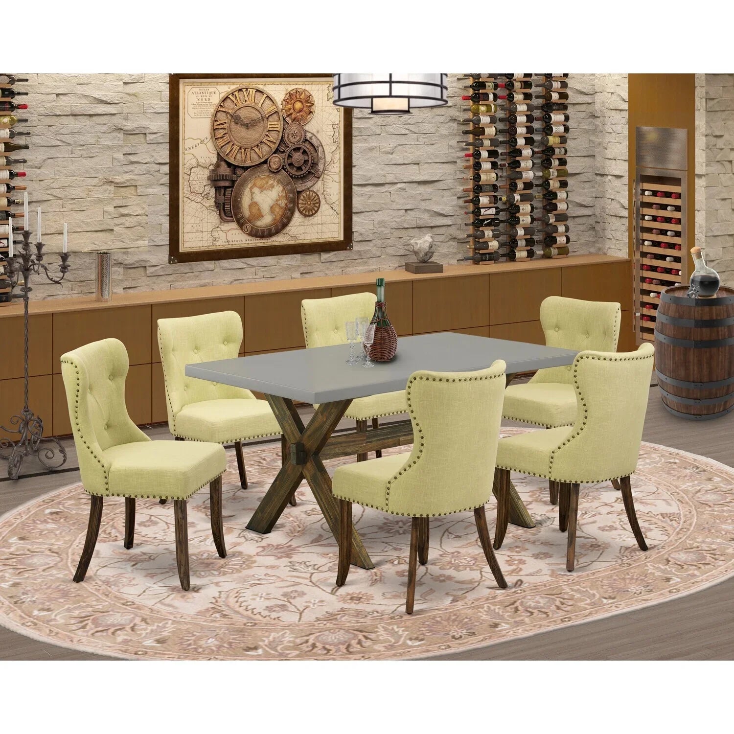 HomeStock French Country 7-Pc Kitchen Set-Limelight Linen Fabric Seat & Button Tufted Back Parson Chairs & Top Living Room Table With Hardwood Legs - Cement