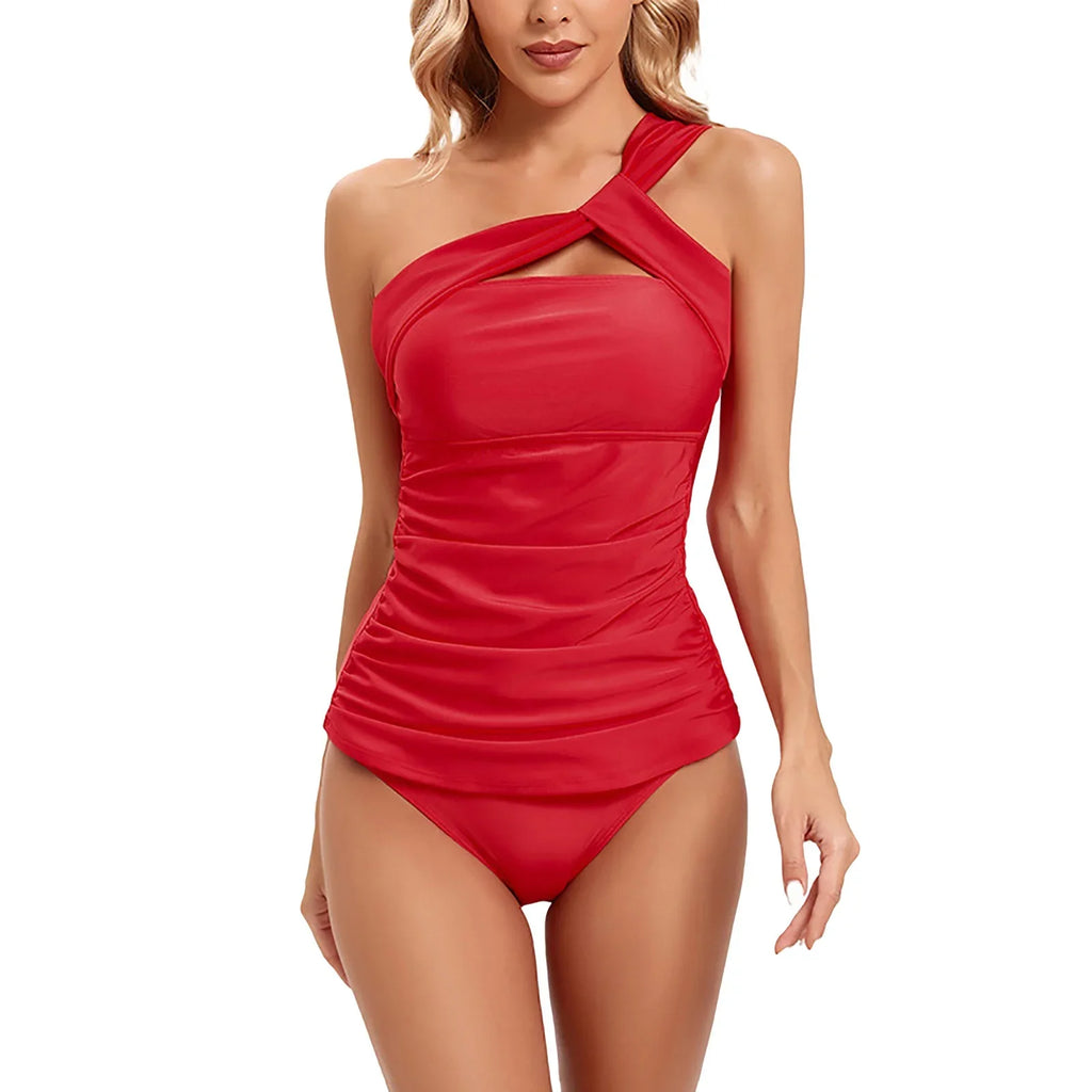Bathing Suits for Women Ladies Sexy Solid Color Tankini Swimsuit Backless Tether Solid Color Backless High Elasticity One Shoulder Strap Split Swimsuit