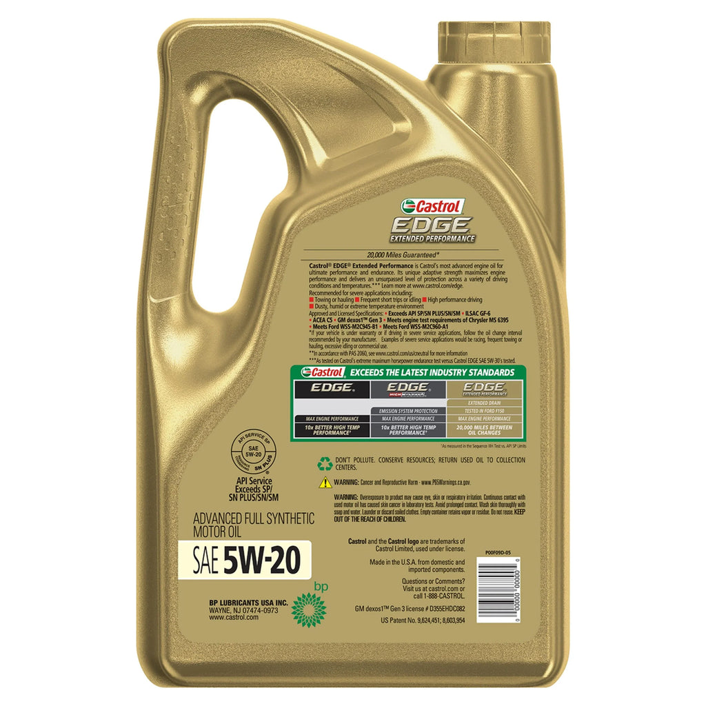 Castrol EDGE Extended Performance 5W-20 Advanced Full Synthetic Motor Oil, 5 Quarts