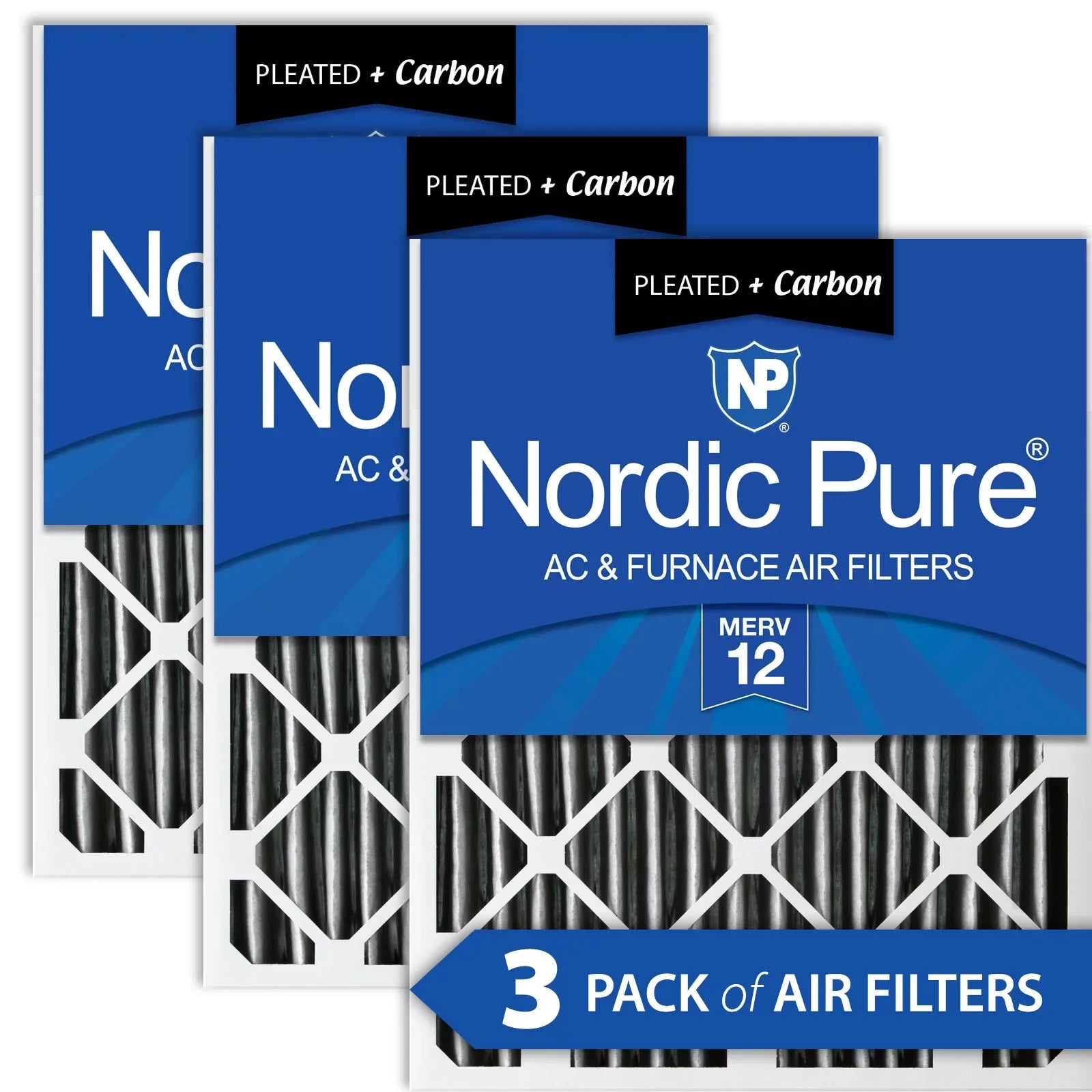 Nordic Pure 24x24x2 Furnace Air Filters MERV 12 Pleated Plus Carbon 3 Pack