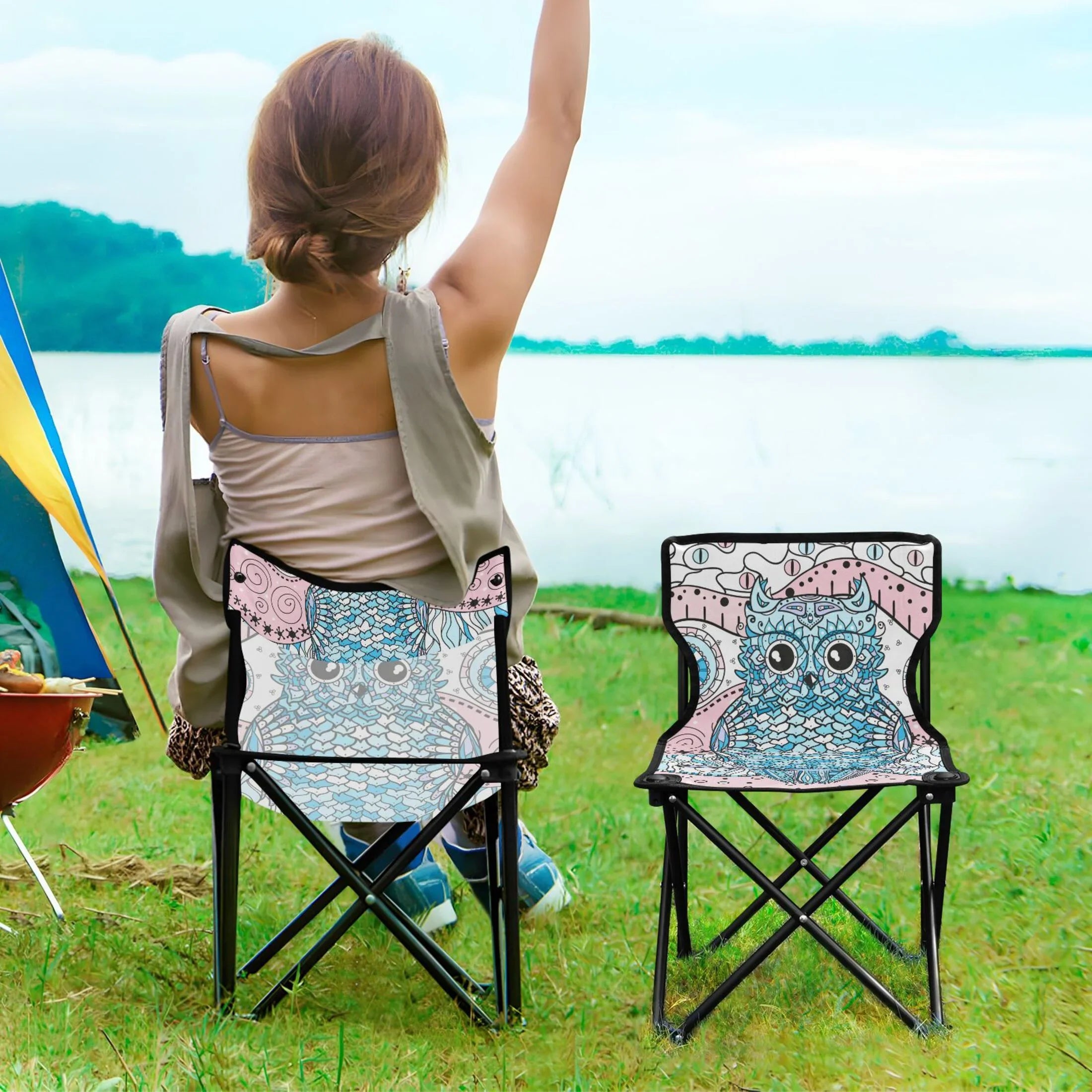 Mandala Abstract Owl Portable Camping Chair Small for Kids Outdoor Folding Beach Chair Fishing Chair Lawn Chair with Carry Bag