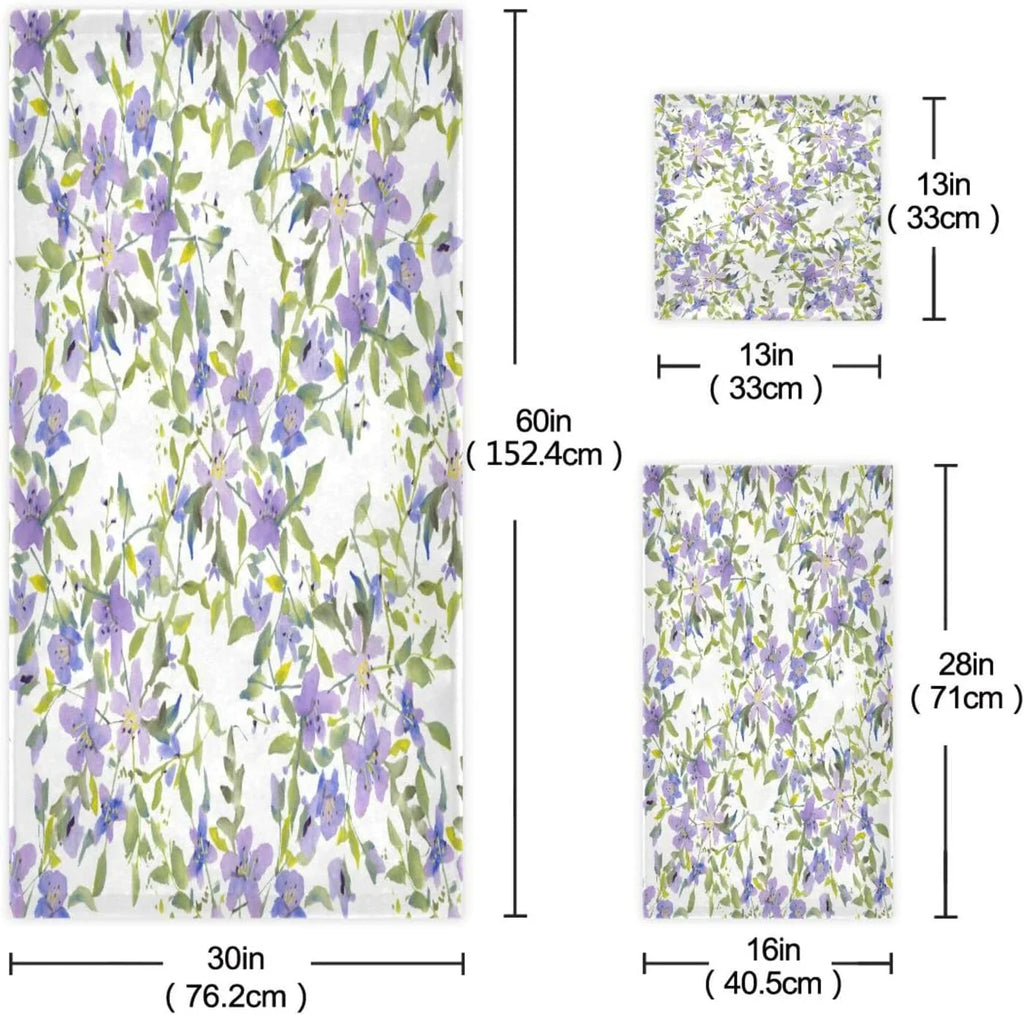 Wellsay Purple Flowers Bath Towel Set of 3, Highly Absorbent & Soft Bathroom Towels Set Quick Dry Towels Set for Bathroom Spa Beach (1 Bath Towels, 1 Hand Towel, 1 Washcloth)